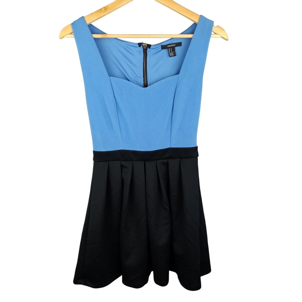 Forever 21 Sky Blue and Black Sleeveless Fit-and-Flare Dress